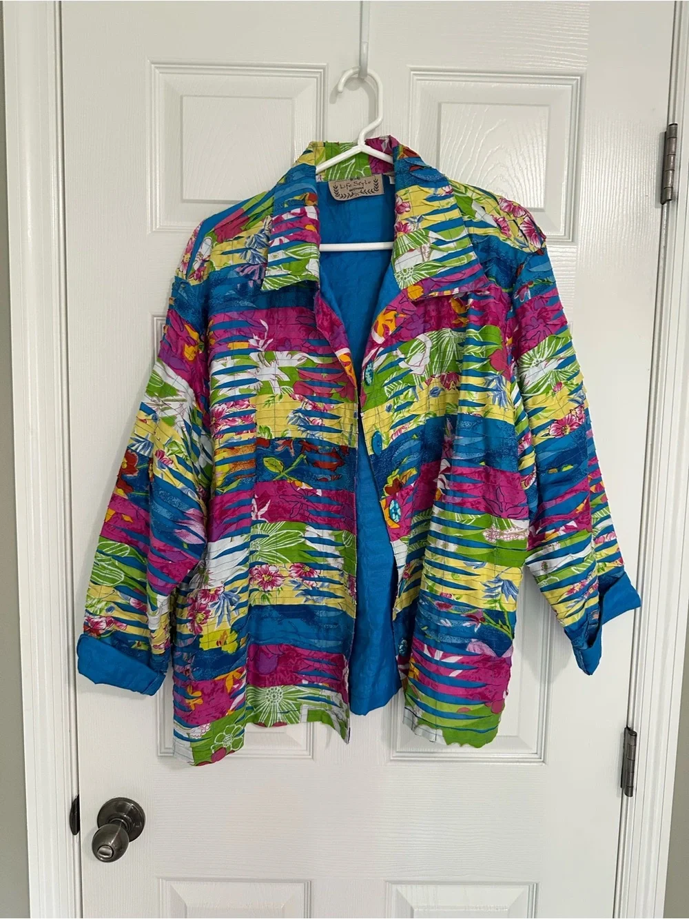 Tropical Stripe Relaxed Blazer Jacket in Blue, Pink & Green - Picture 1 of 4